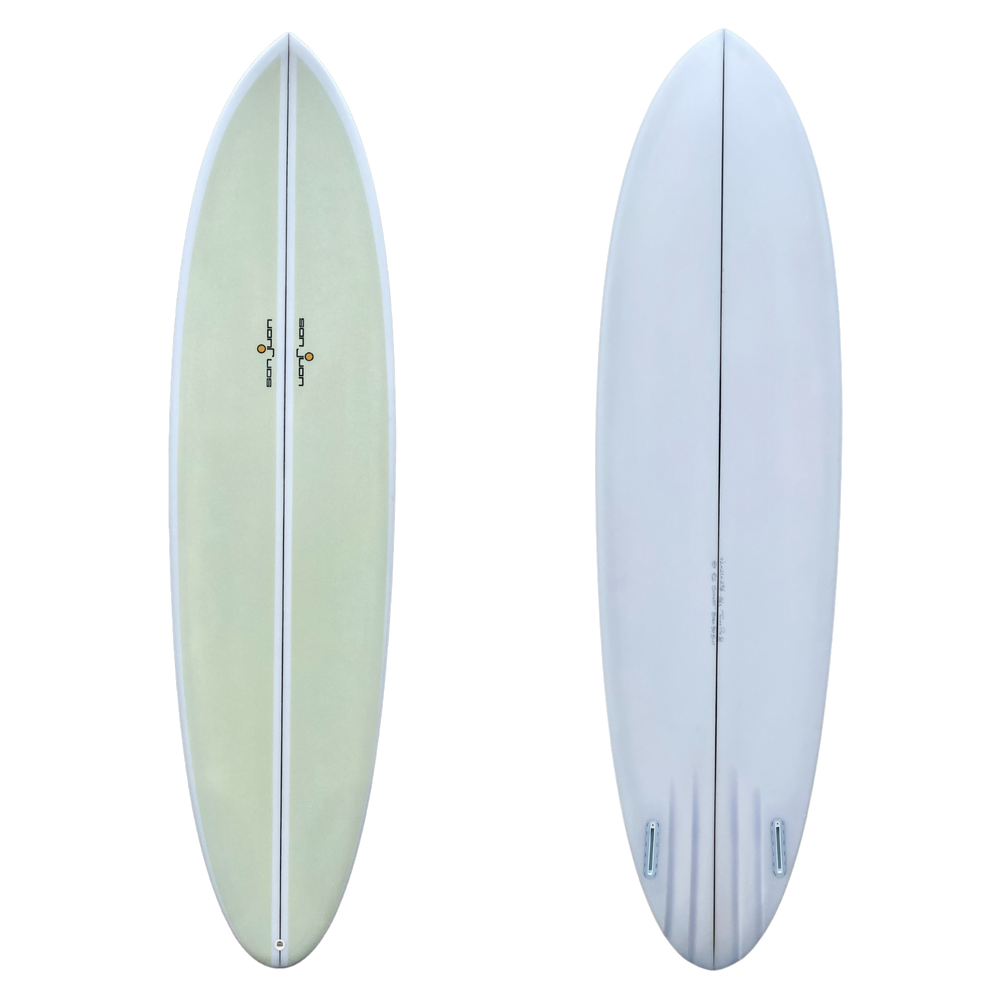 SAN JUAN TWIN PIN EVERYDAY 7'2" LIME AIRBRUSH SPRAY 6MM PLY PIN TAIL CHANNEL BOTTOM