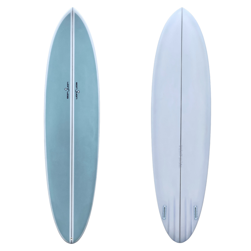 SAN JUAN TWIN PIN EVERYDAY 7'4" SKY BLUE AIRBRUSH SPRAY 6MM PLY PIN TAIL CHANNEL BOTTOM